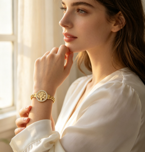 Luxury Gold Tree of Life Crystal Bracelet Watch Women Elegant Stainless Steel Dress Wrist Jewelry Watch