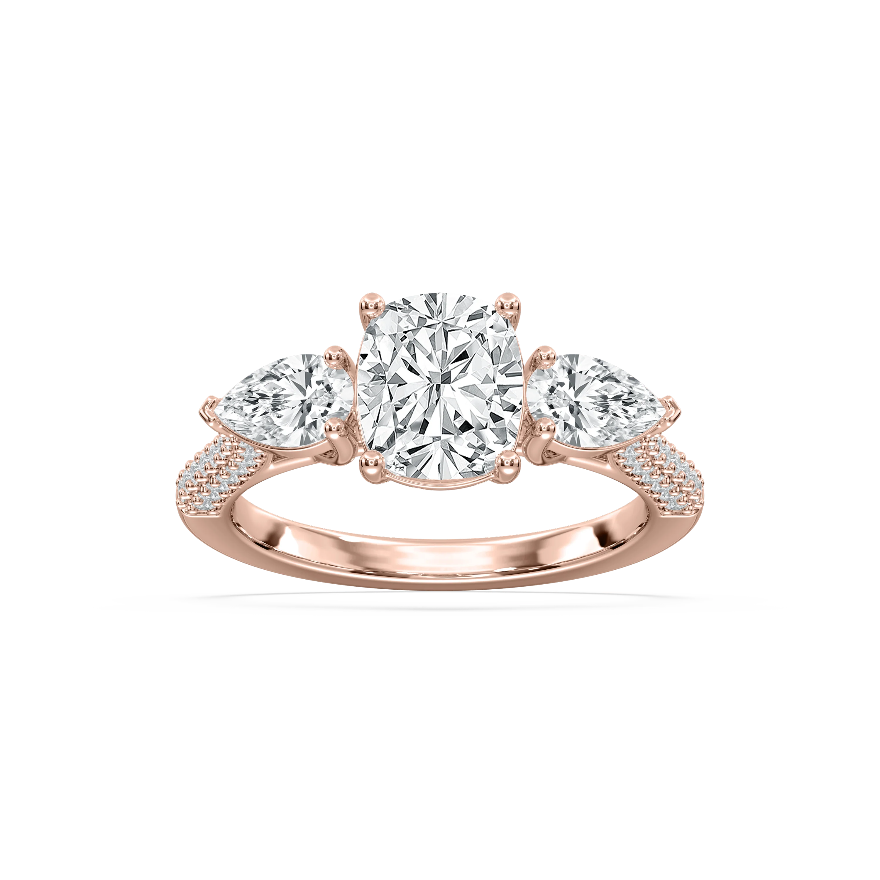 Phoebe 3 ctw Elongated Cushion Lab Grown Diamond Pave Three Stone Engagement Ring