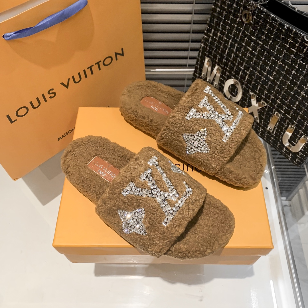 Louis Vuitton Style Shearling Slide Slippers with Crystal Strass LV Monogram