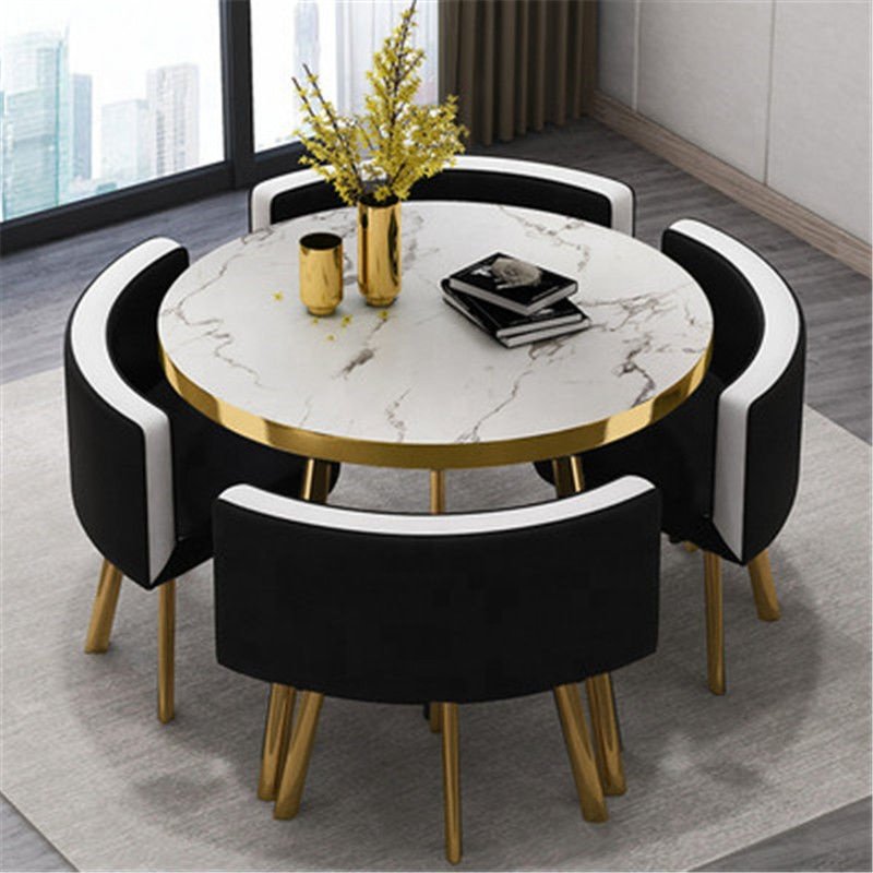 Small Round Wooden Dining Table Set with 4 Upholstered Chairs