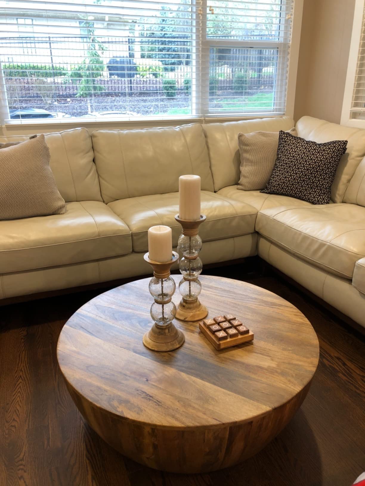 Drum Shape Wooden Coffee Table with Plank Design Base