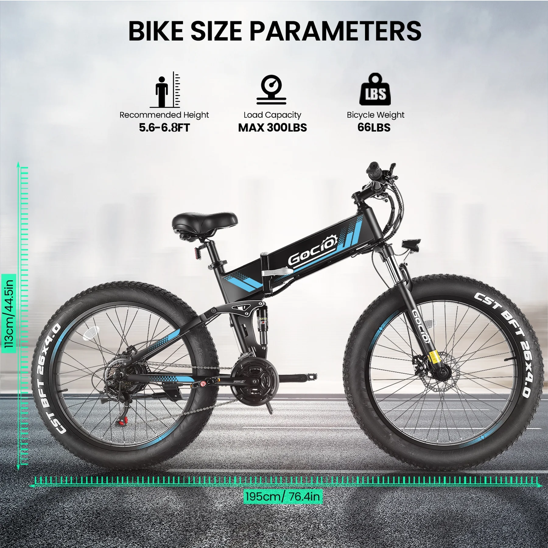 Gocio 26in Folding Fat Tire Electric Bike, 750W Peak, 48V 10.4Ah