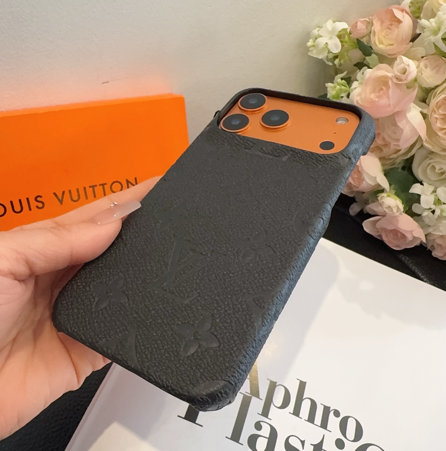 Louis Vuitton Style Embossed Monogram Leather Slim Phone Case