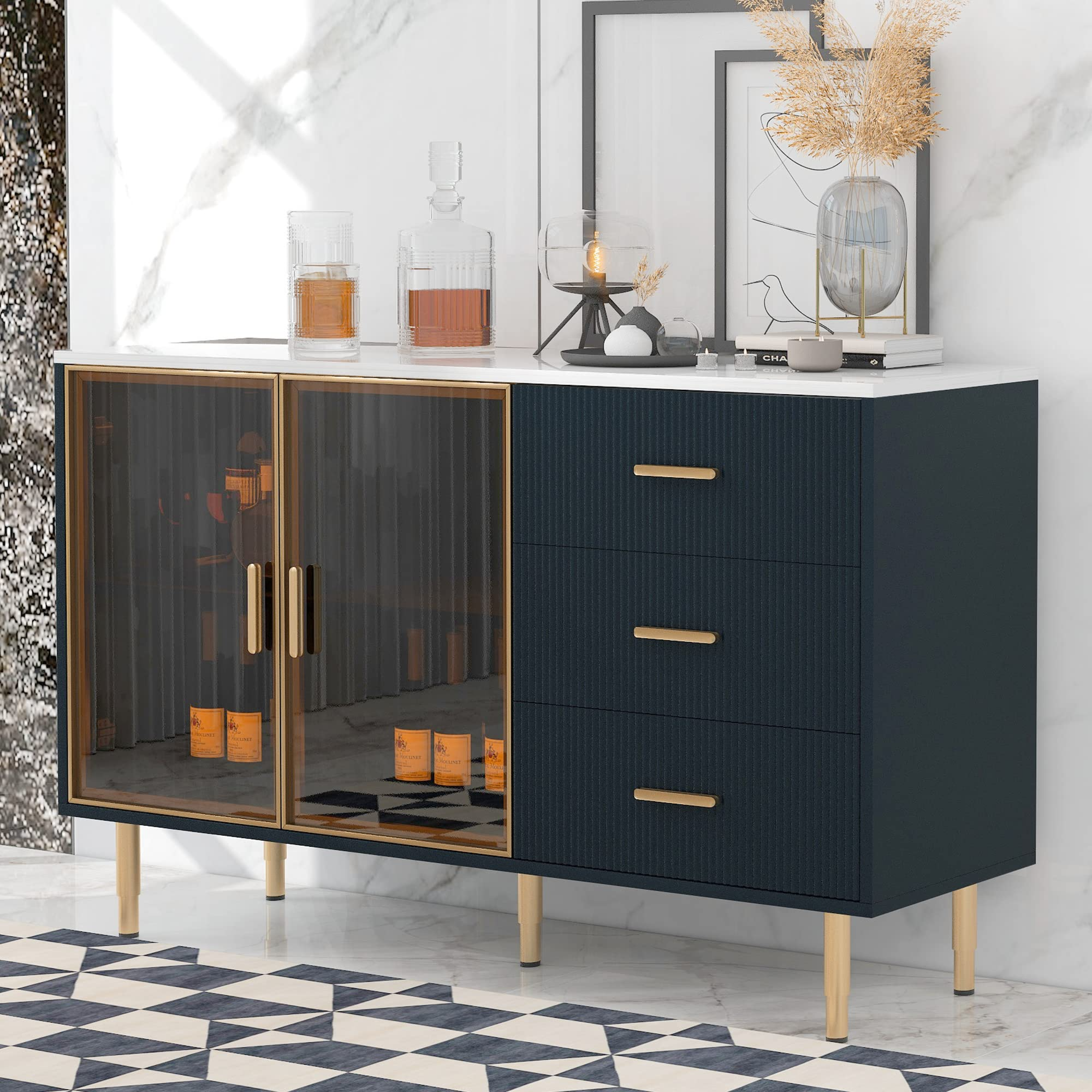Modern Sideboard Cabinet Accent Buffet Storage Glass Doors