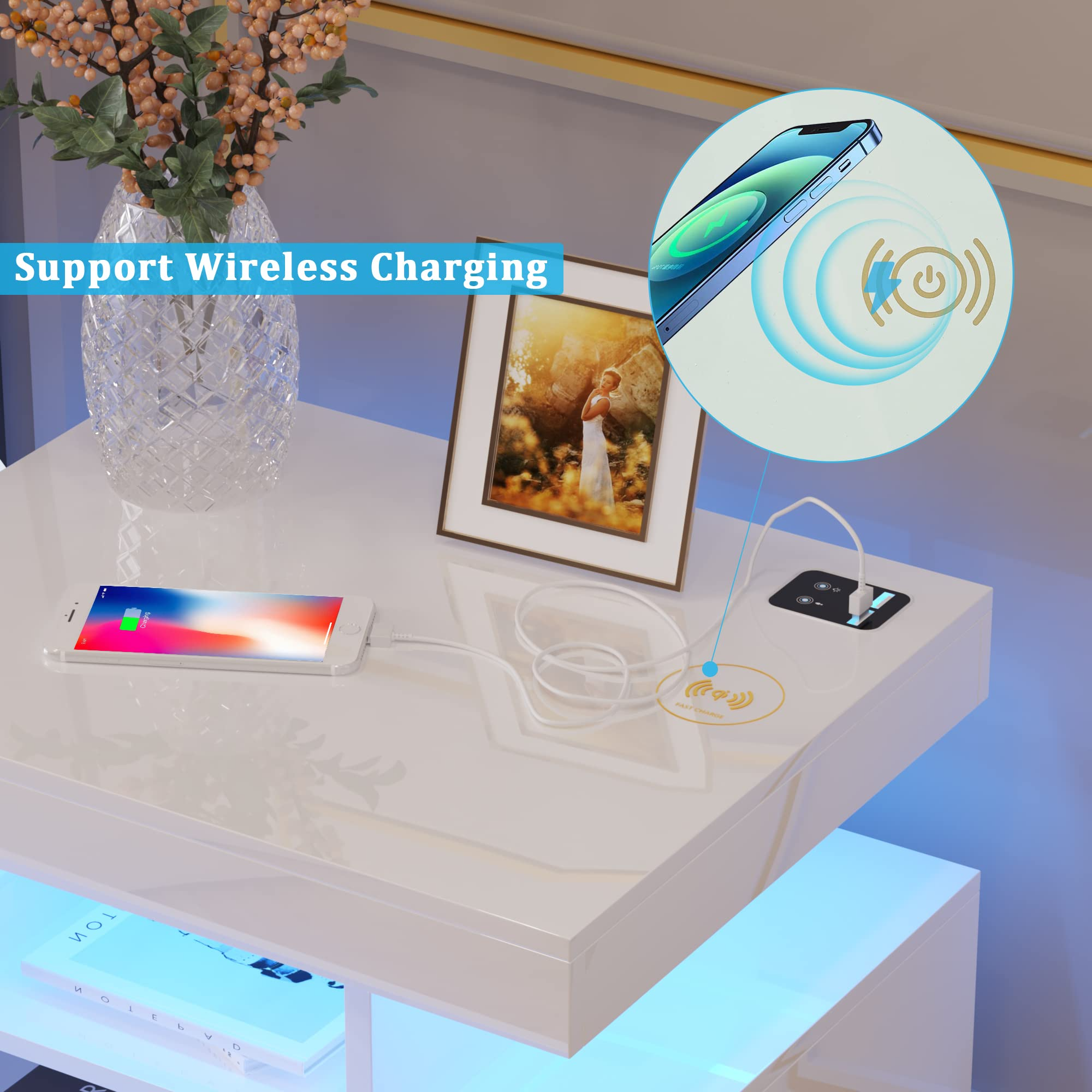 LED White Nightstand with 3 Colors Adjustable 2 USB Ports and