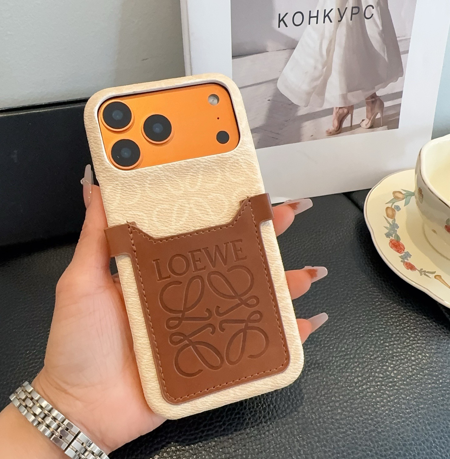 Loewe Style Anagram Embossed Card Holder Crossbody Phone Case