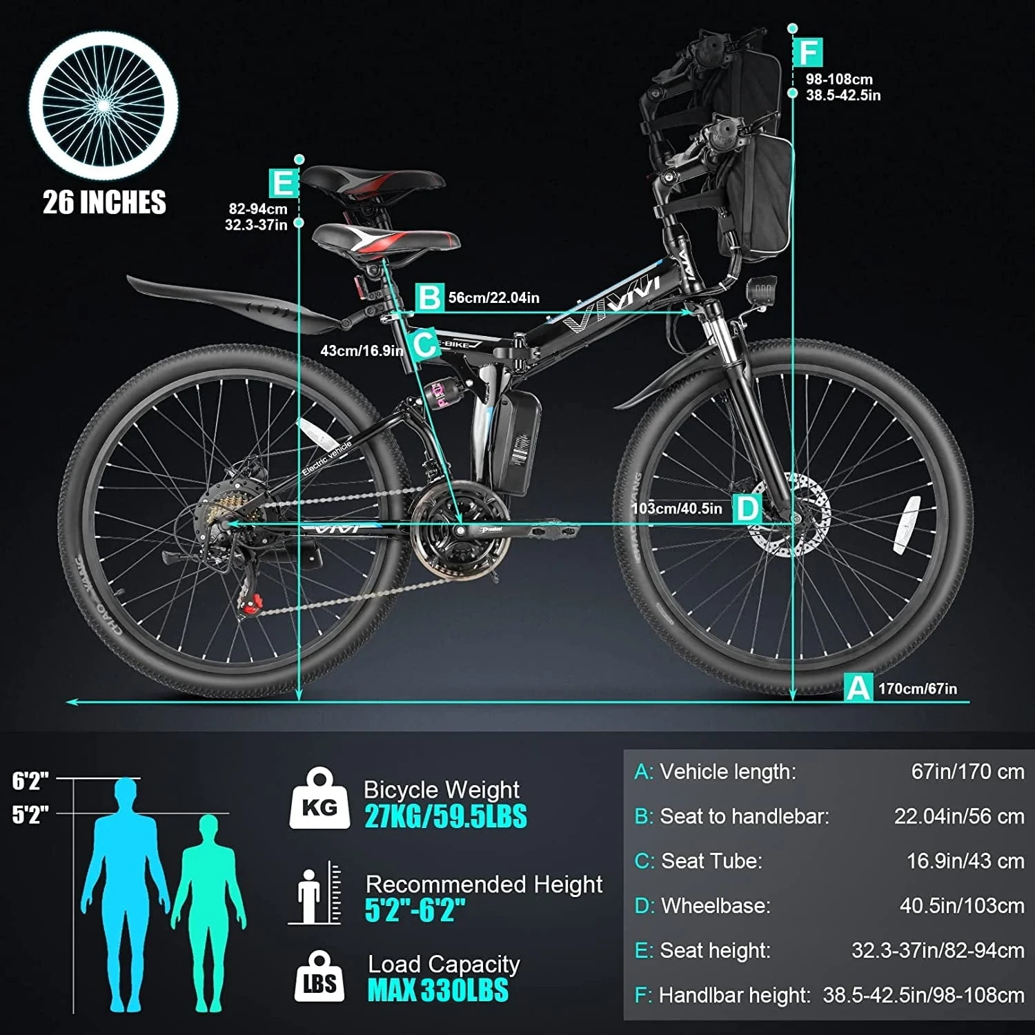 Vivi 26in Folding Electric Mountain Bike, 500W, Full Suspension