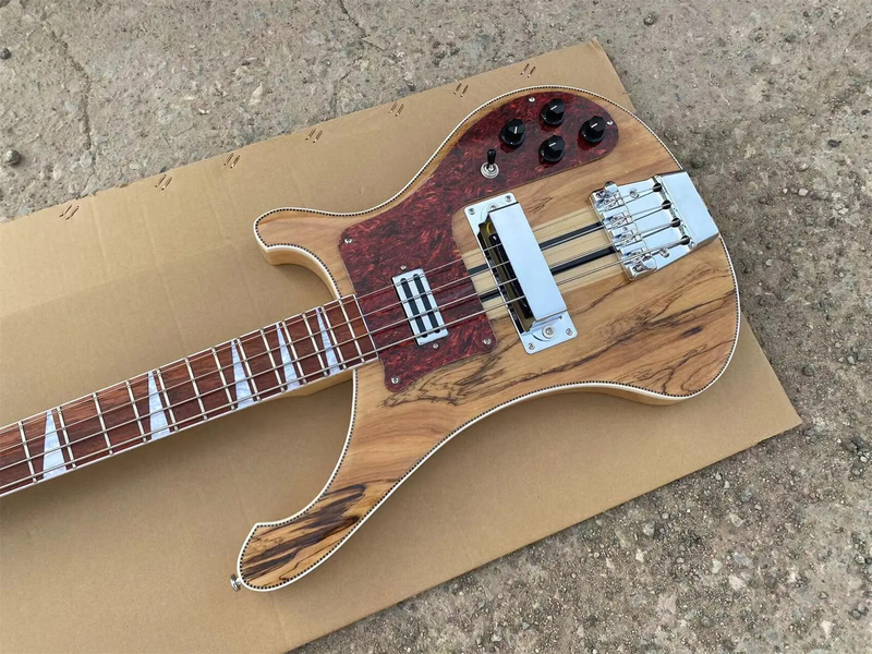 Through Body Electric Bass Guitar Spalted Maple Chrome Parts Fixed Bridge Top