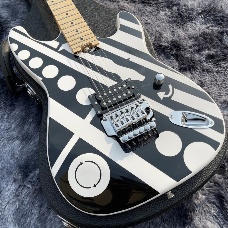 Black White Crop Circles Electric Guitar Floyd Rose Tremolo Bridge Top