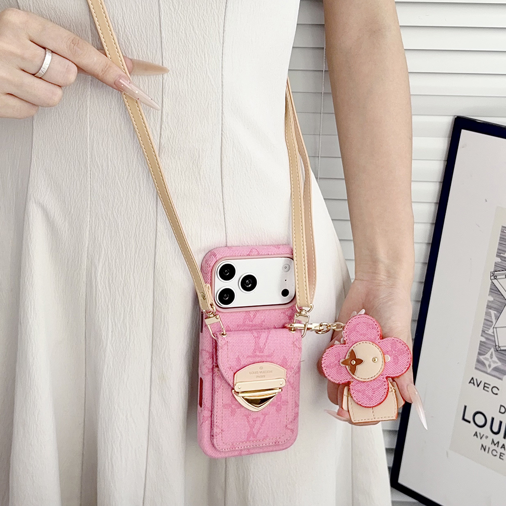 LV Monogram Denim Card Holder Phone Case With Chain Wrist Strap Vivienne Flower Charm
