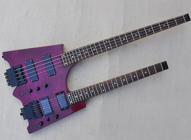 Purple 4+6 Strings Headless Double Neck Electric Guitar Flame Maple Veneer Top