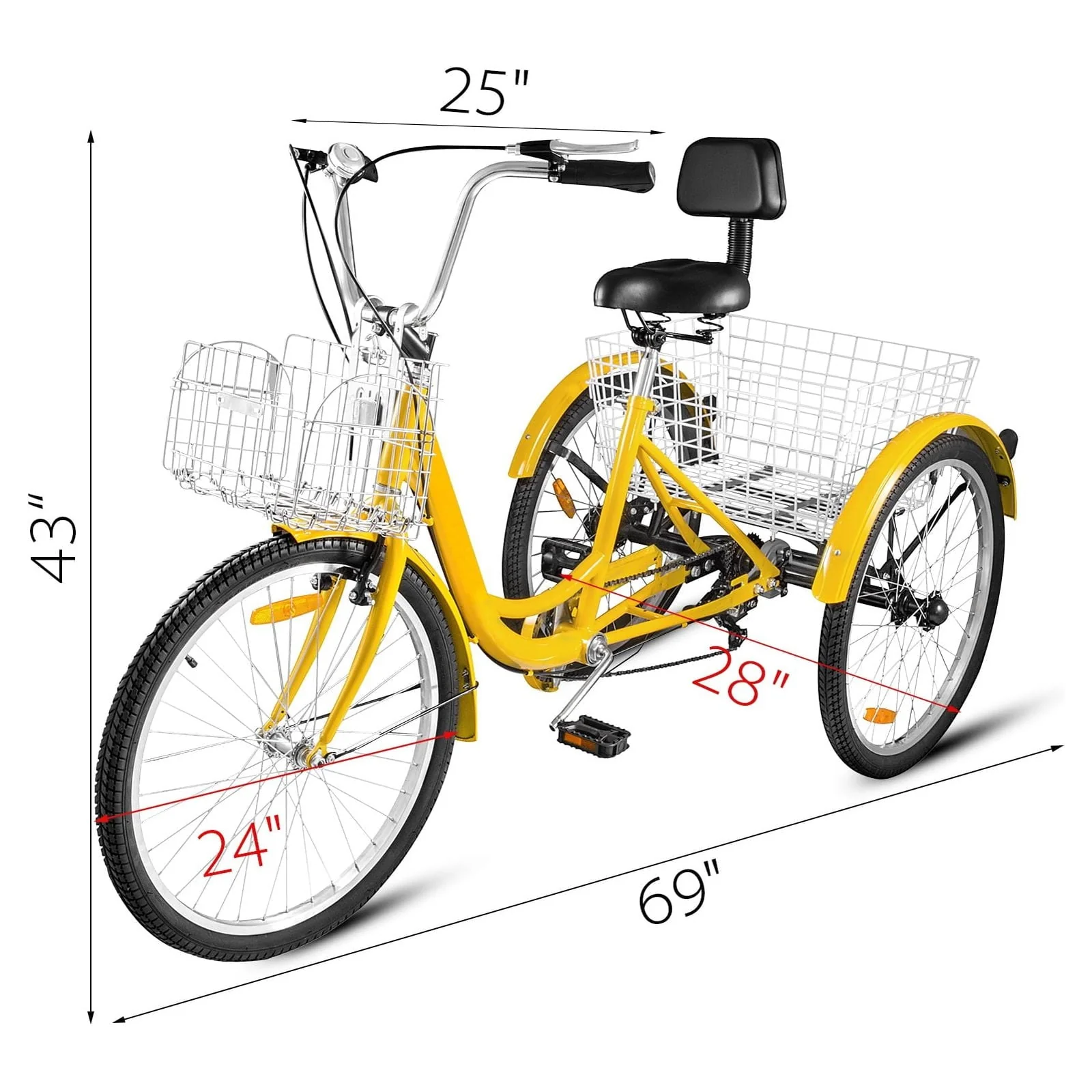 VEVOR 24in Adult Tricycle with Basket, 7-Speed