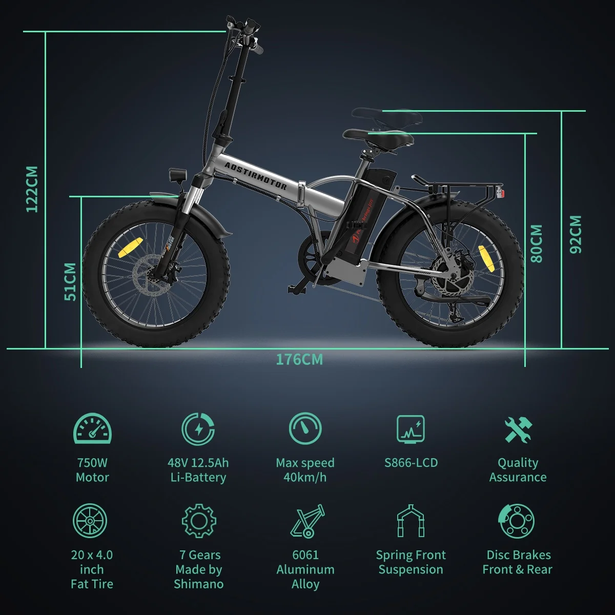 Aostirmotor 20in Folding Fat Tire Electric Bike, 750W, 48V 12.5Ah
