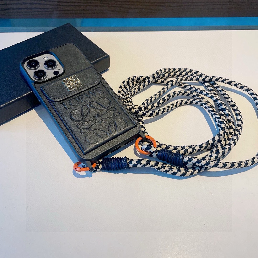 Loewe Style Leather Card Holder Phone Case with Crossbody Woven Strap