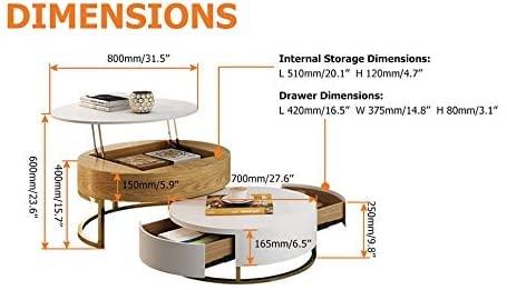 Round Coffee Table White with Storage Lift-Top Wood Coffee