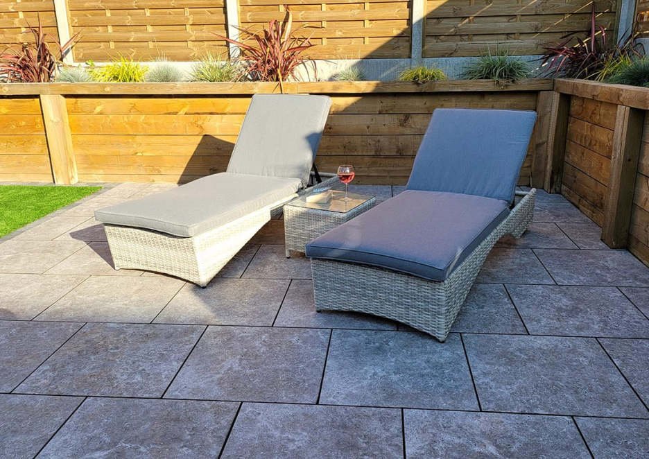 RATTAN SUN LOUNGERS WITH DRINKS TABLE - GREY - MEGHAN RANGE