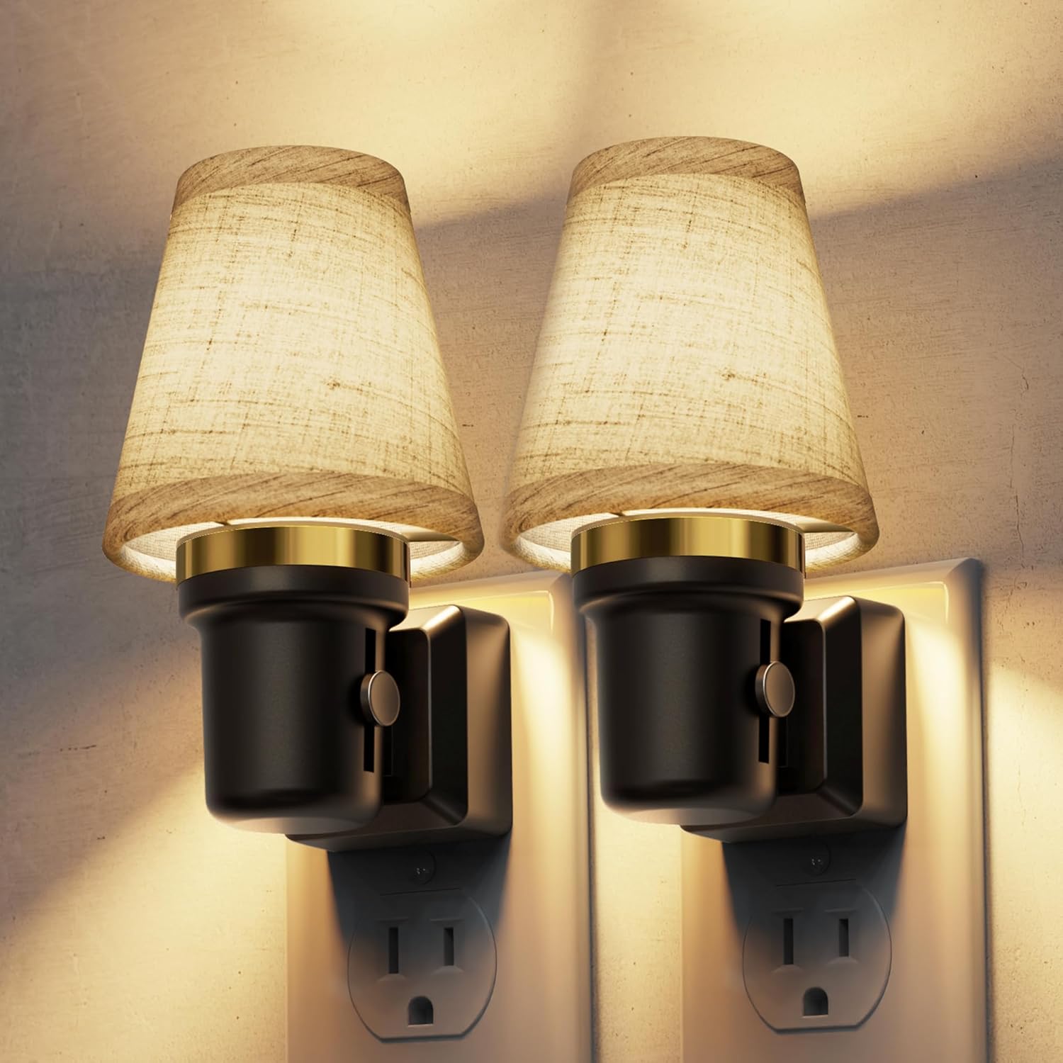 LED Night Lights Plug into Wall, 2 Pack Linen Fabric Round Platform Decor Night Light