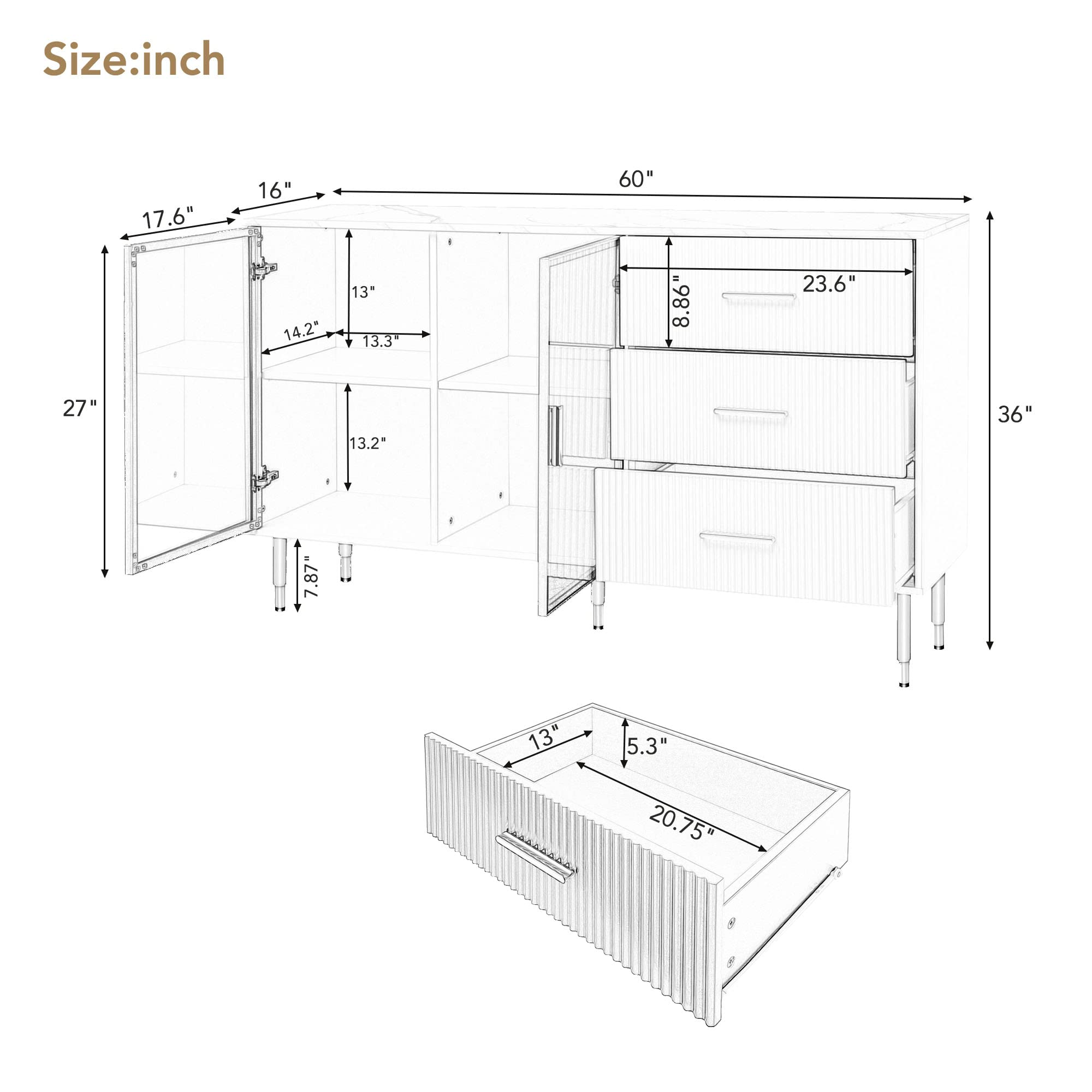 Modern Sideboard Cabinet Accent Buffet Storage Glass Doors