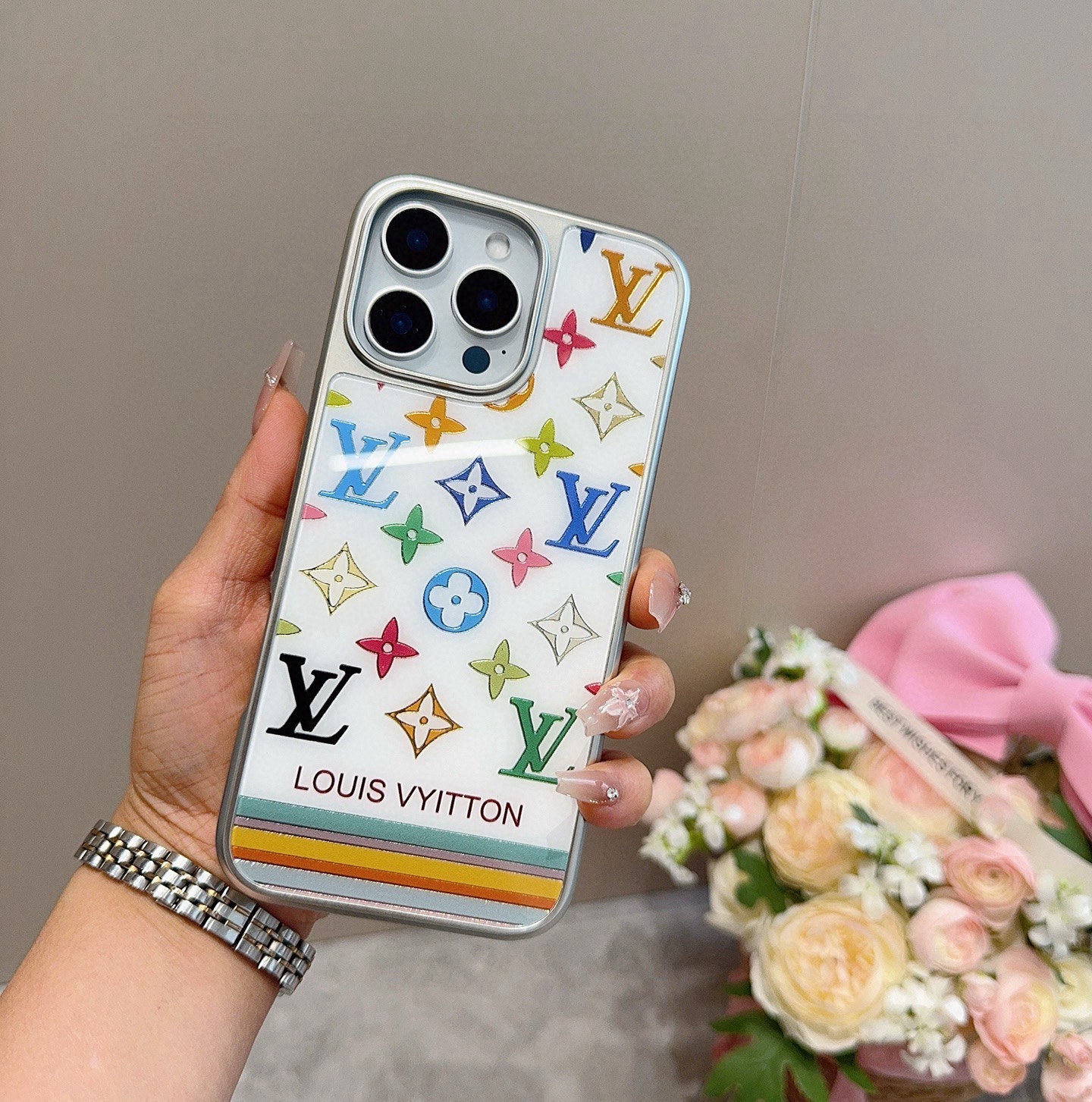 LV New Arrival Gilded Craft Electroplated Glass Phone Case