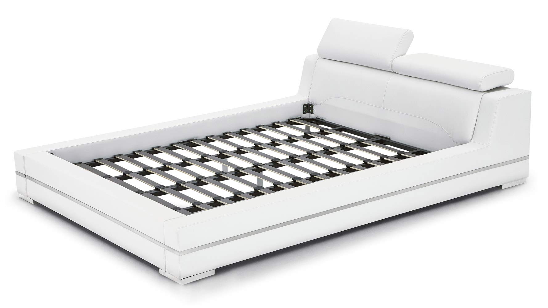 Hera Genuine White Leather Platform Bed with Adjustable Headrests