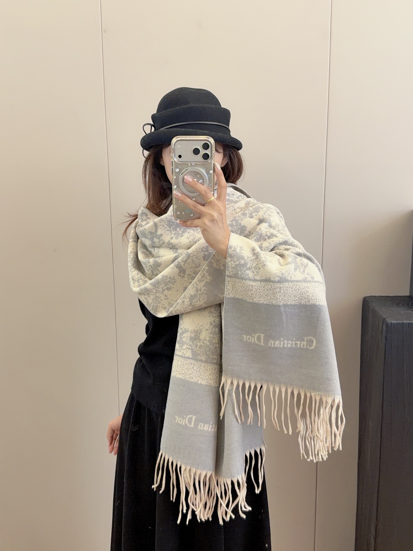 Dior Contrast Stripe Shawl Beige and Grey 180 x 60 cm