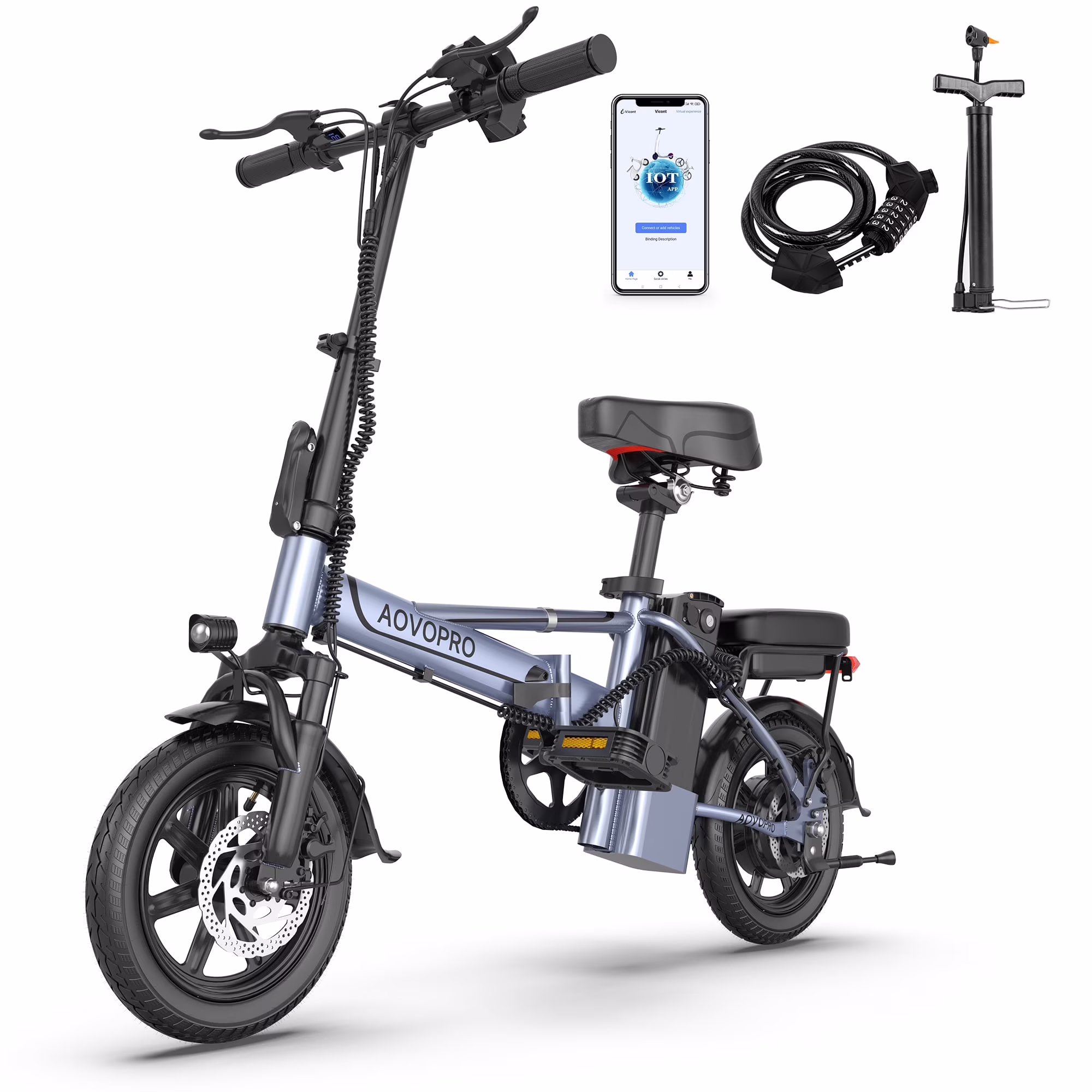 AOVOPRO EB60 14in Folding Electric Bike, 500W, Two Seats