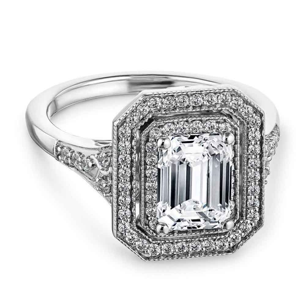 Genevieve Emerald Lab Grown Diamond Vintage Frame Double Halo Engagement Ring
