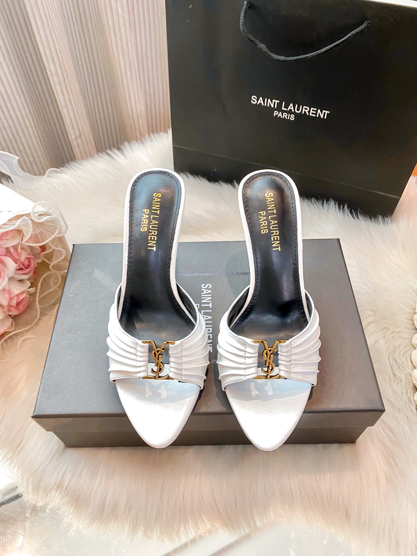 YSL Babylone Cassandre Gathered Lambskin Open Toe Mules Heels
