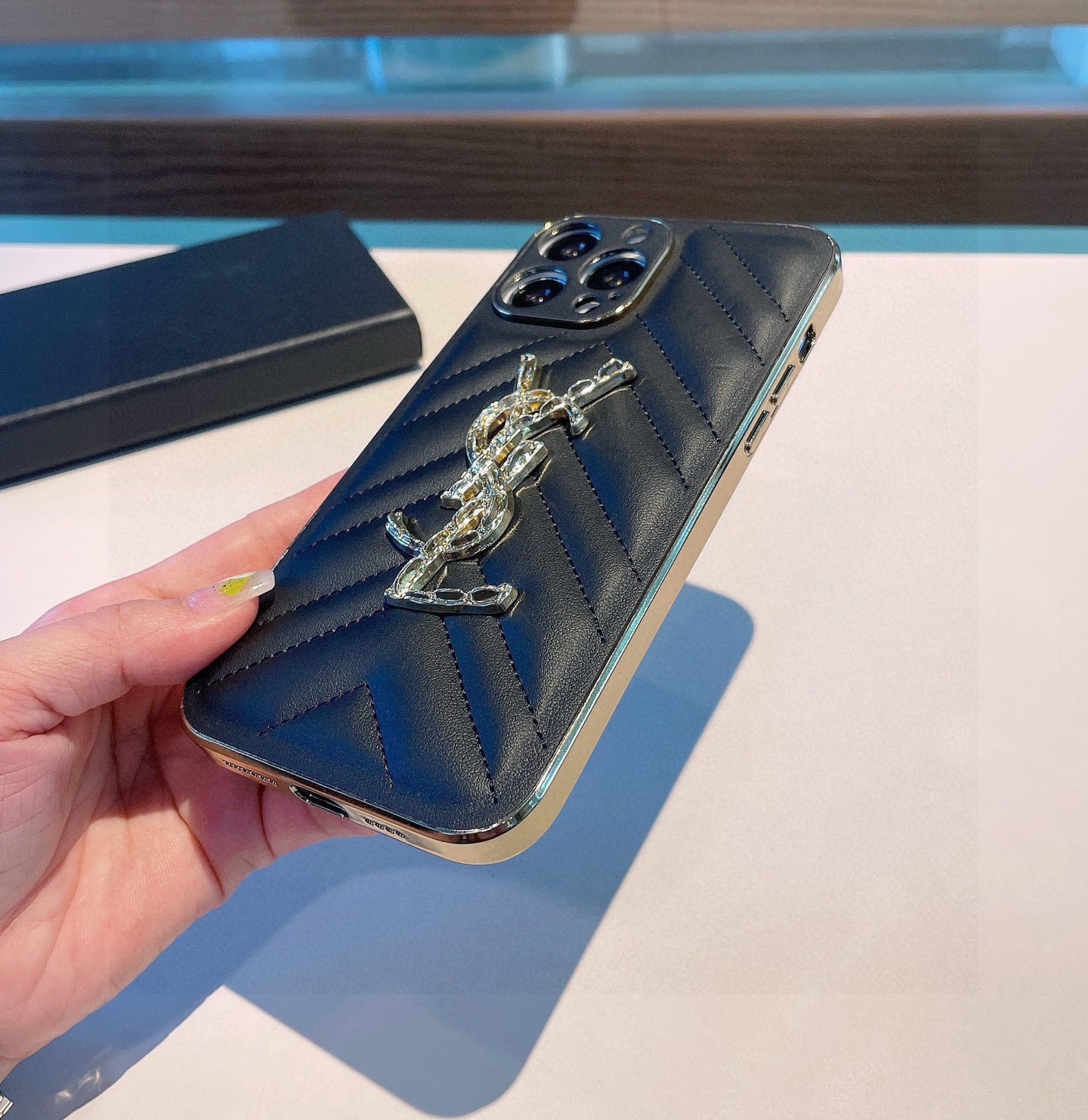YSL V-Shaped Quilted Leather Diamond Metal Logo Electroplated Frame Luxury Phone Case