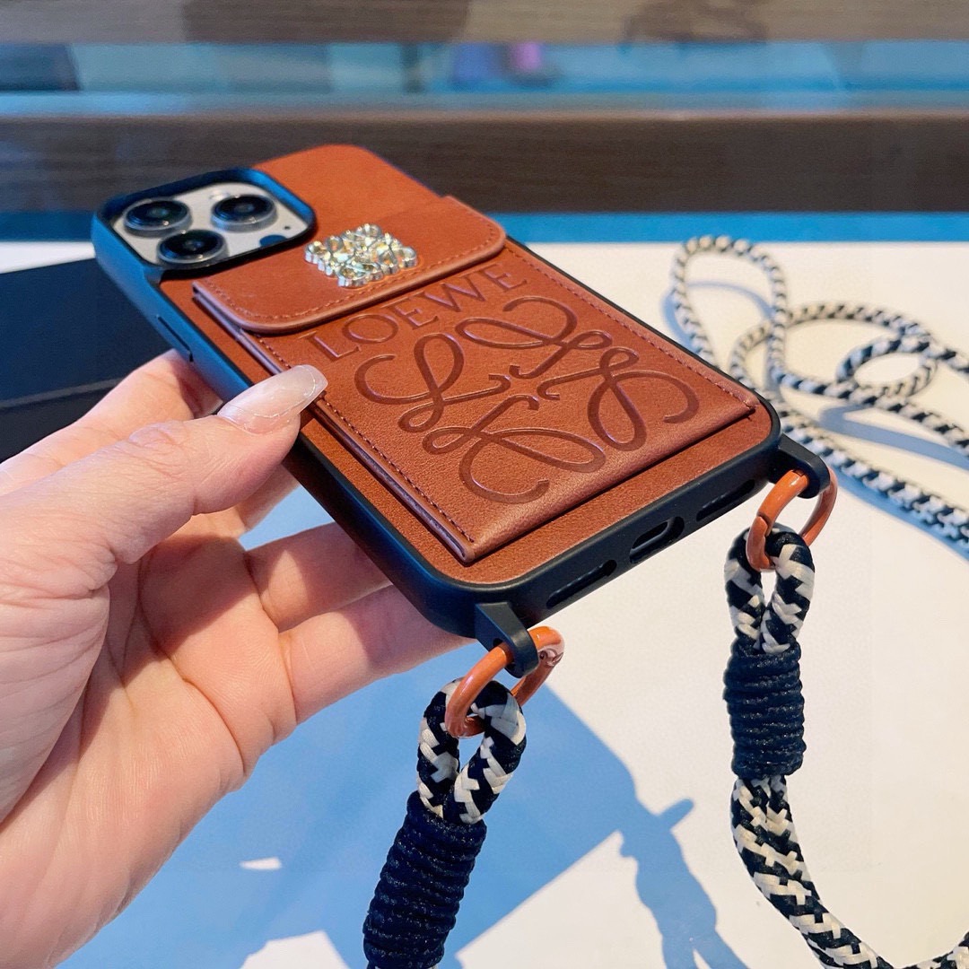 Loewe Style Leather Card Holder Phone Case with Crossbody Woven Strap