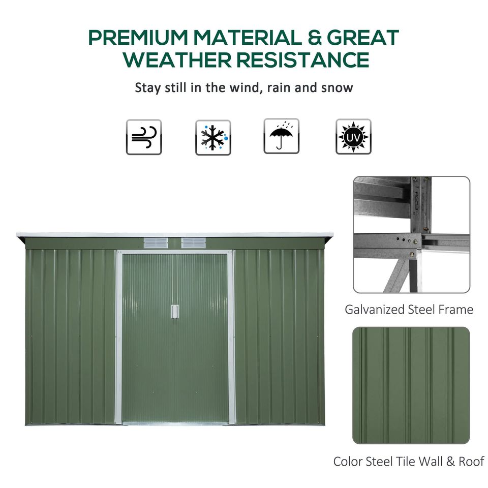Corrugated metal storage shed outside equipment kit, light green