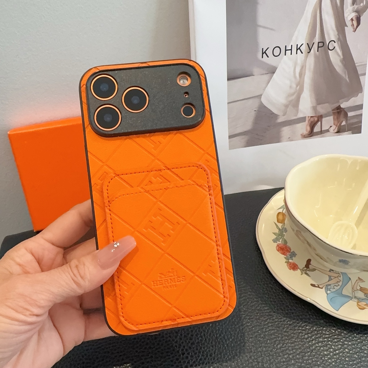 Hermès Embossed Monogram Leather Card Holder Phone Case