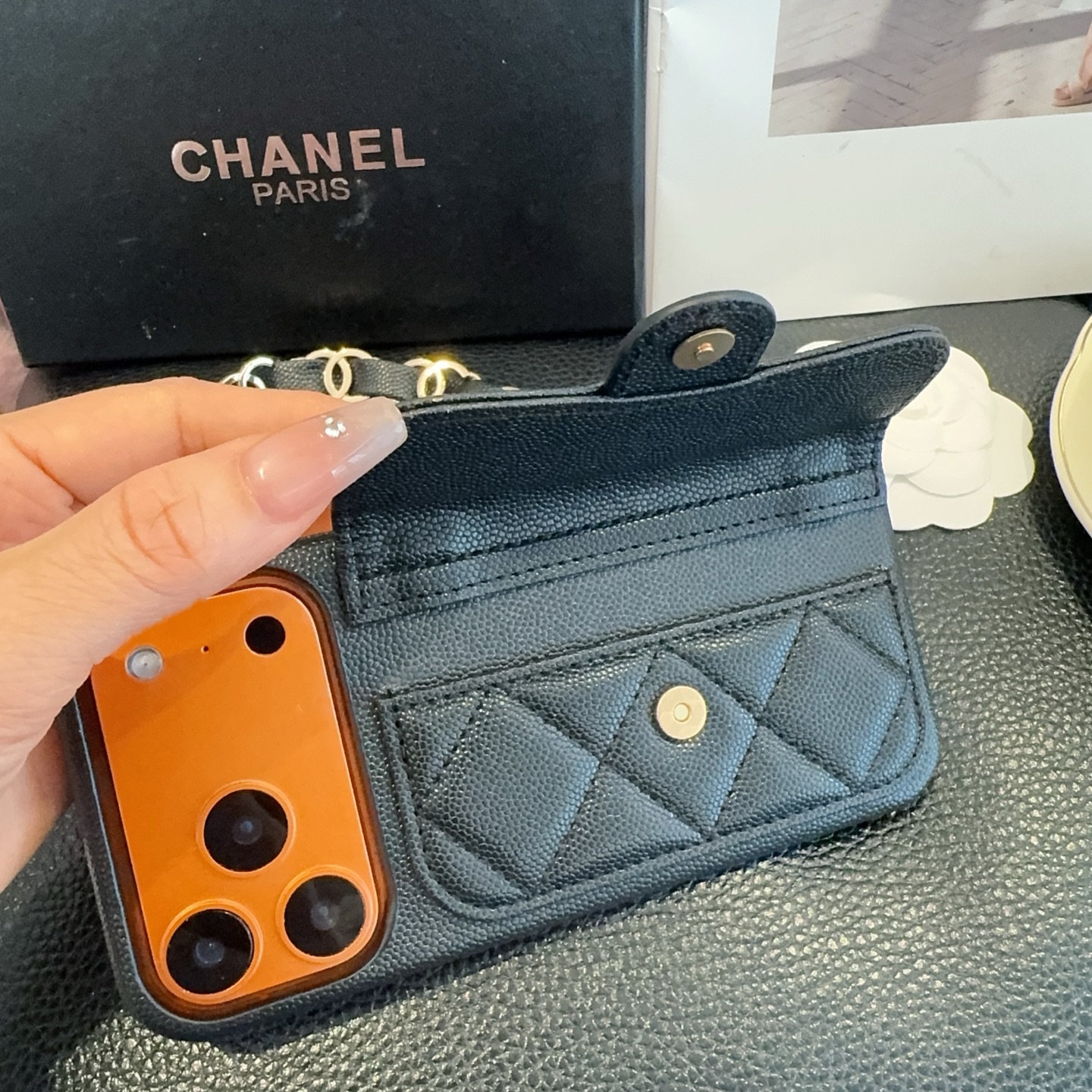 Chanel Quilted Caviar Leather Card Holder Chain Strap Luxury Phone Case