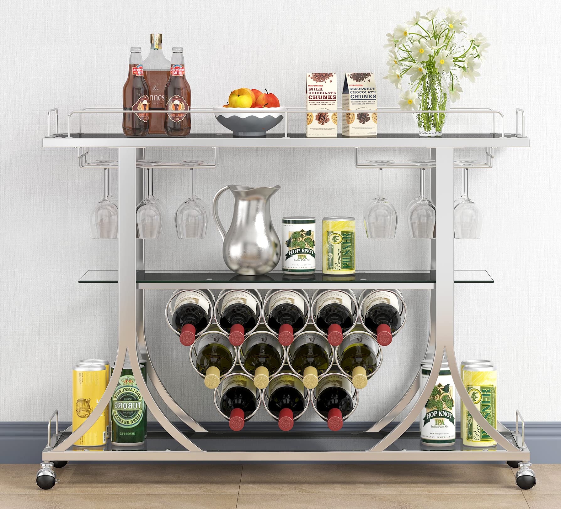 Bar Serving Cart with Glass Holder and Wine Rack