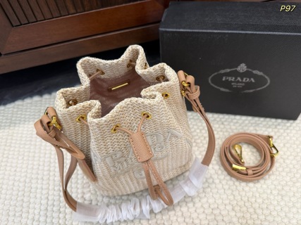 Prada Drawstring Raffia Bucket Bag