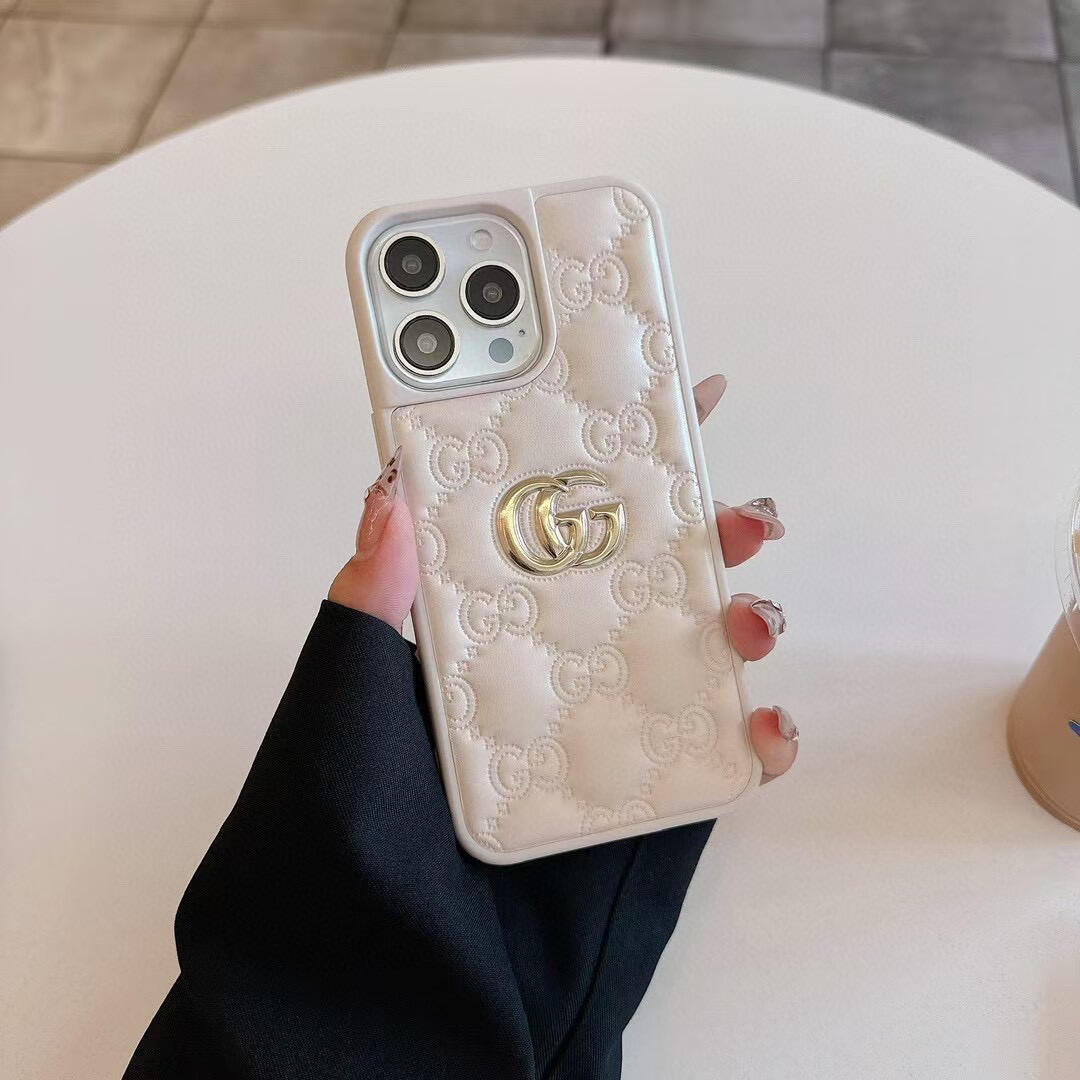 Gucci Embossed GG Monogram Metal Logo Premium Leather Luxury Phone Case