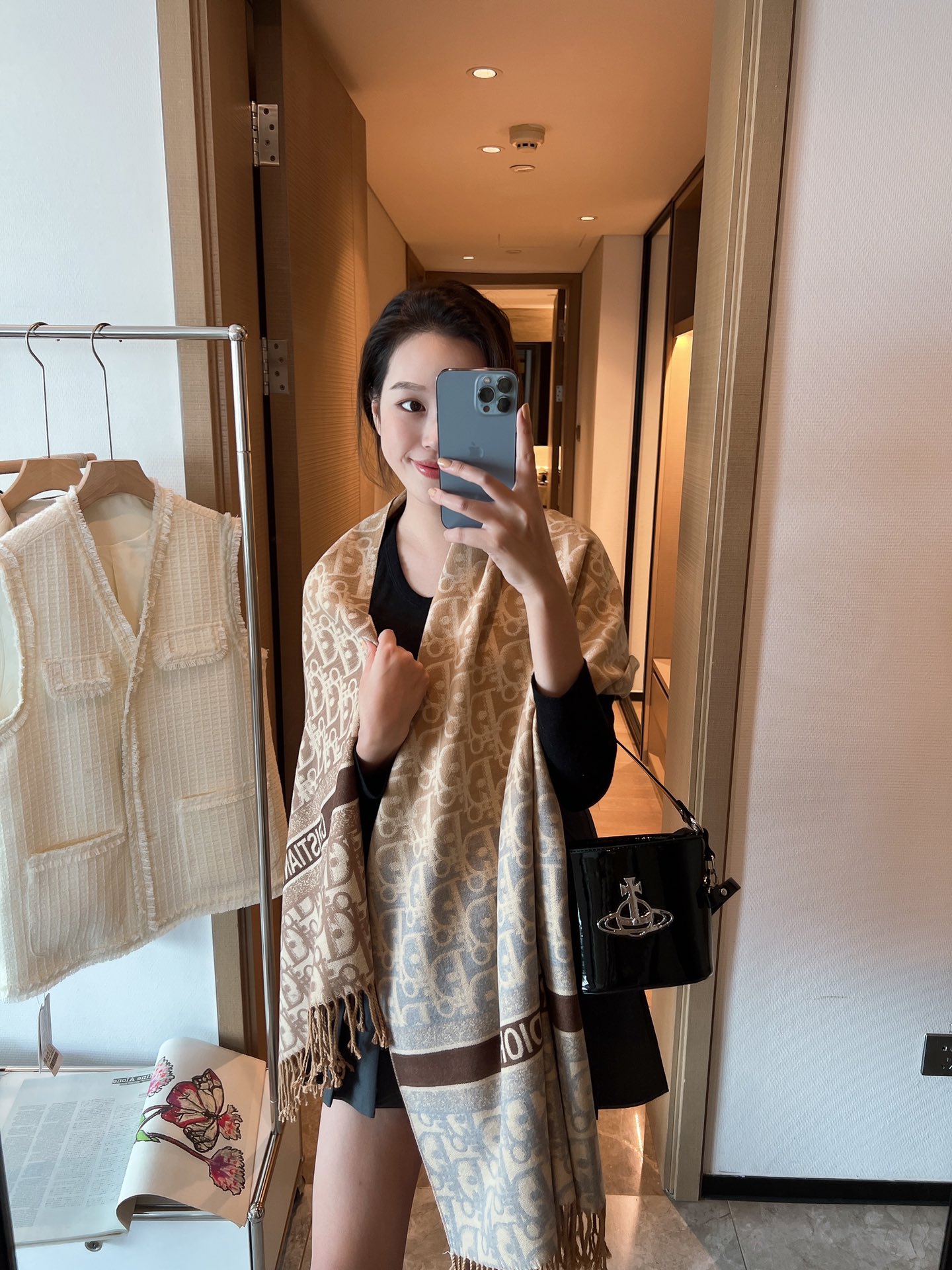 Dior Logo Stripe Scarf Beige