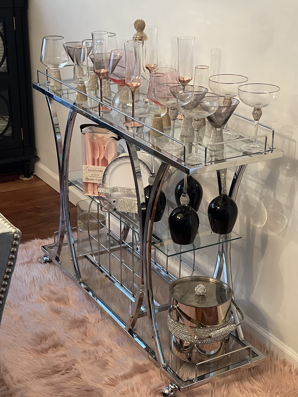 Bar Serving Cart with Glass Holder and Wine Rack