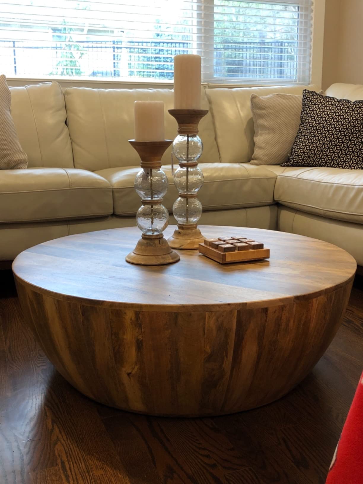 Drum Shape Wooden Coffee Table with Plank Design Base