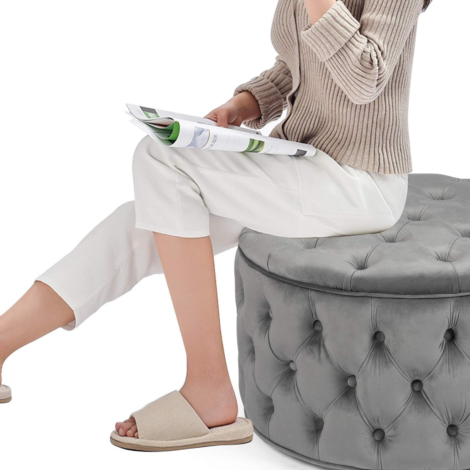 Homebeez Round Velvet Storage Ottoman