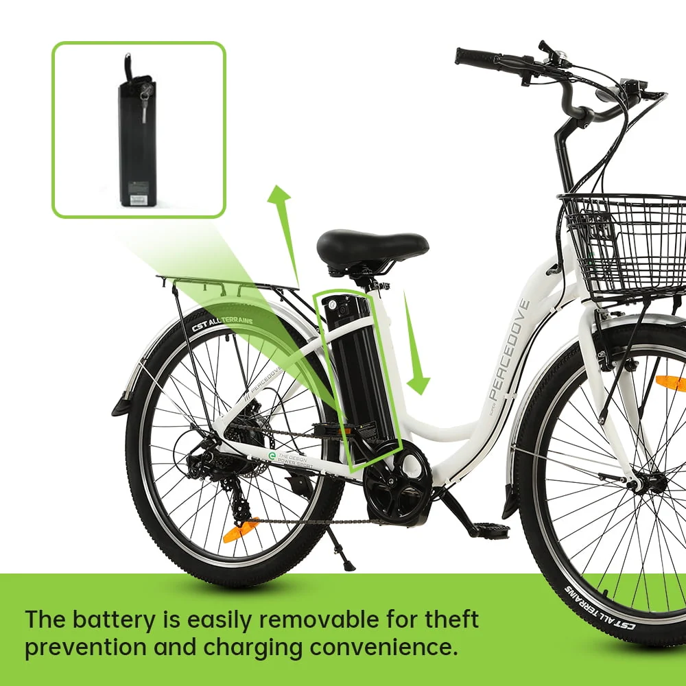26in Step-Through Electric City Bike with Basket, 350W, 36V 10Ah, White