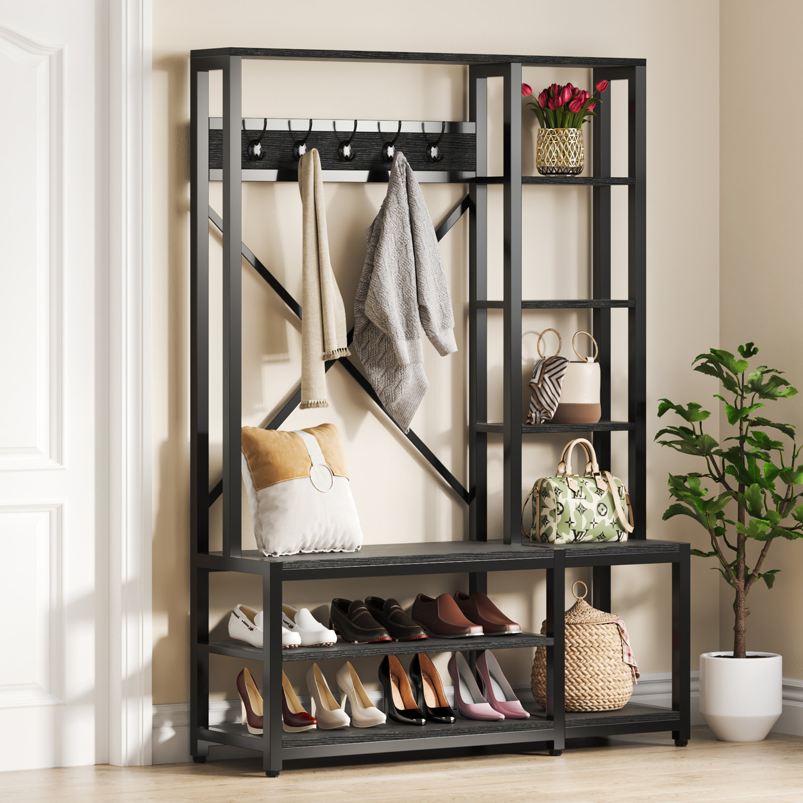 Emelyne 47.2'' Wide Iron Hall Tree with Bench and Shoe Storage