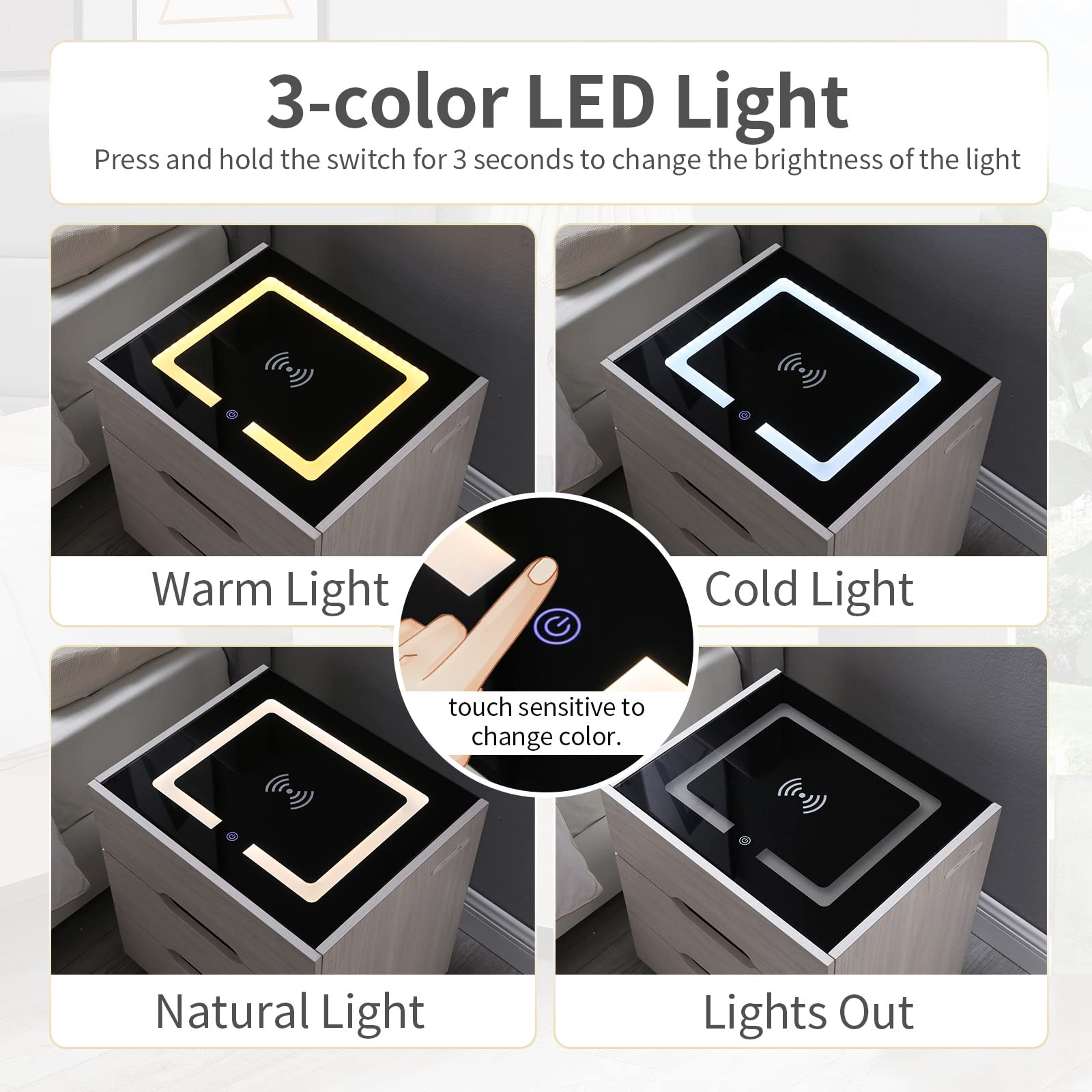 Nightstands Wireless Charging Station and LED Lights
