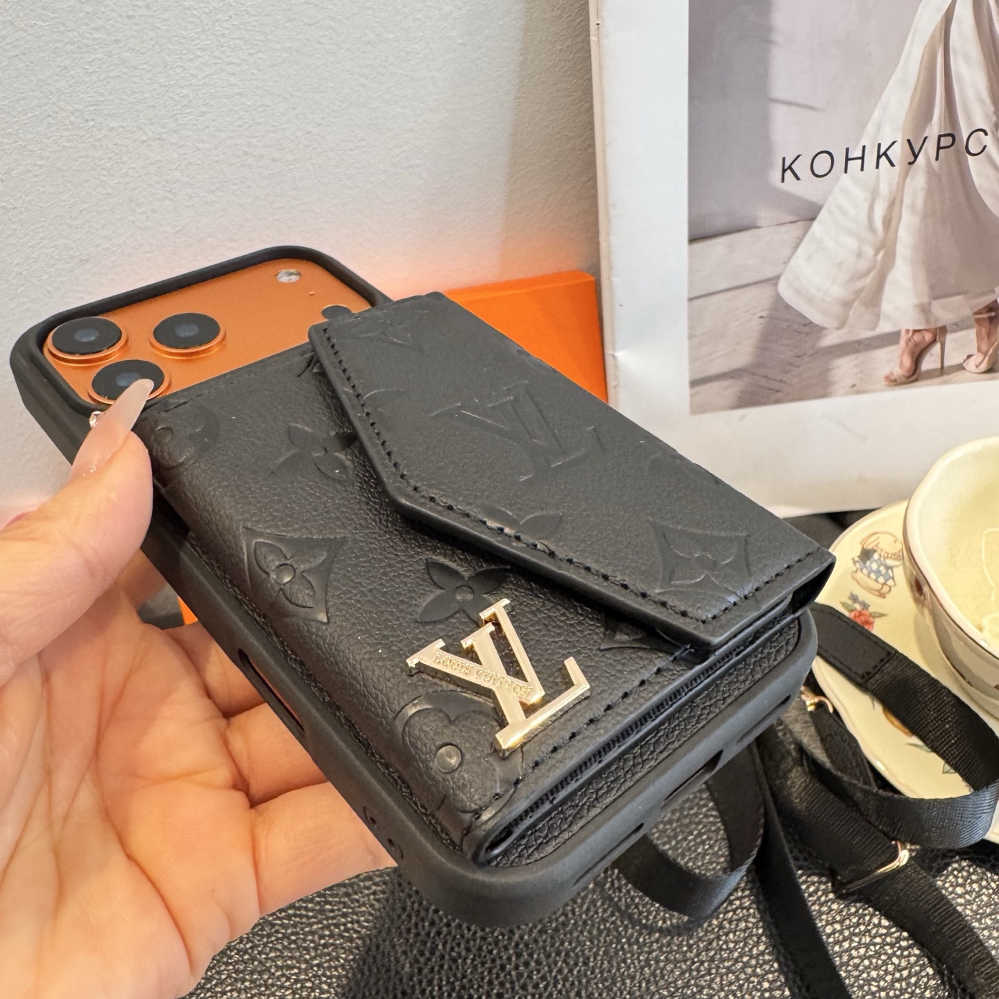 Louis Vuitton Embossed Monogram Card Holder Crossbody Strap Luxury Phone Case
