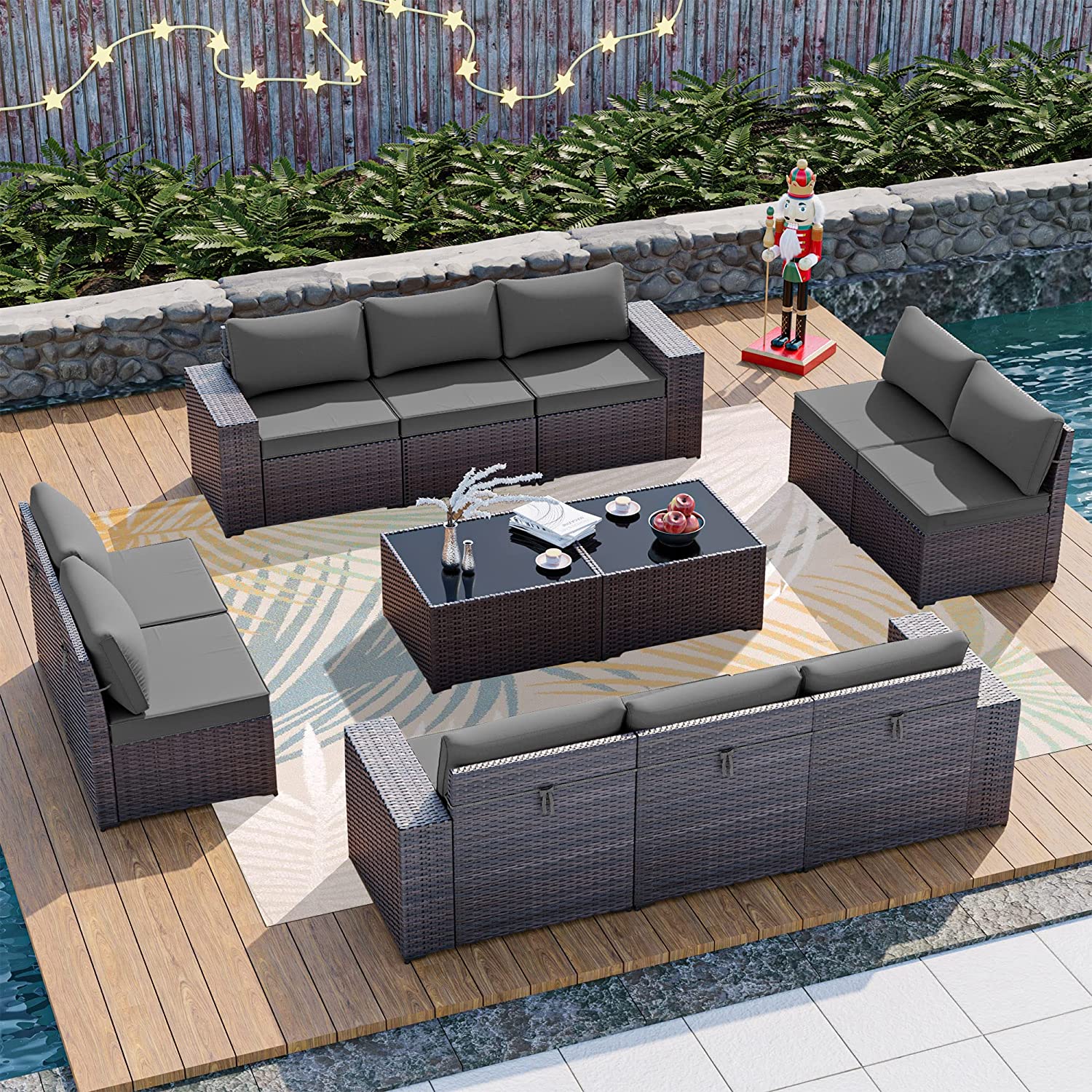 12 Pcs Patio Furniture Set Sectional Sofa Sets Brown PE