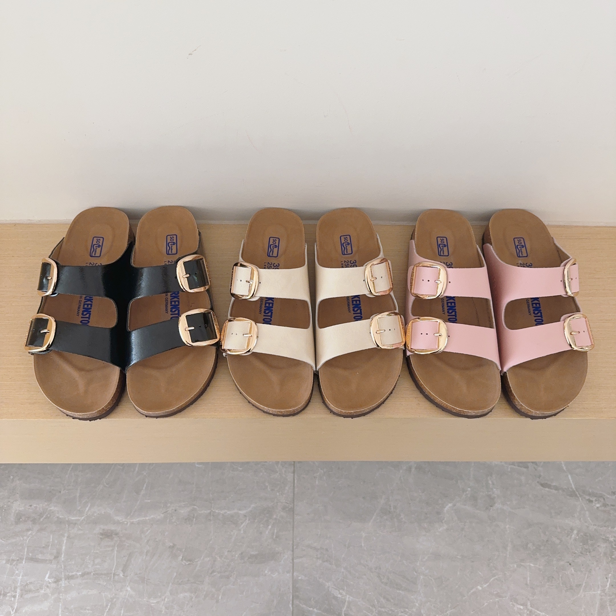 Round Gold Buckle Birken-Style Two-Strap Sandals