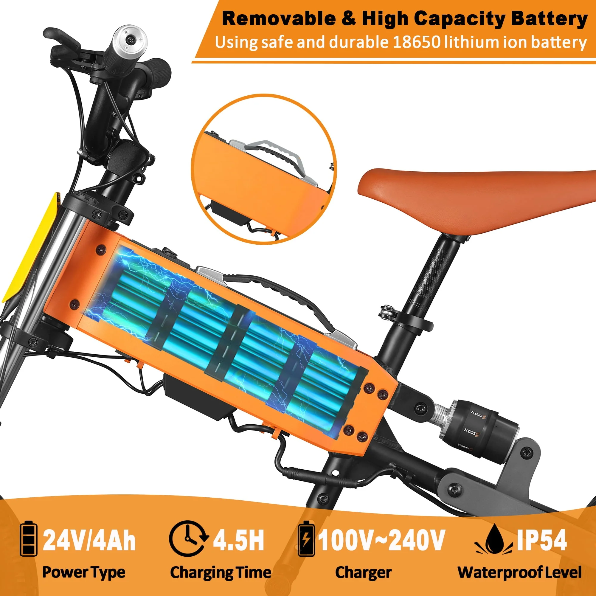 12in Kids Electric Balance Bike, 200W, 24V, Orange