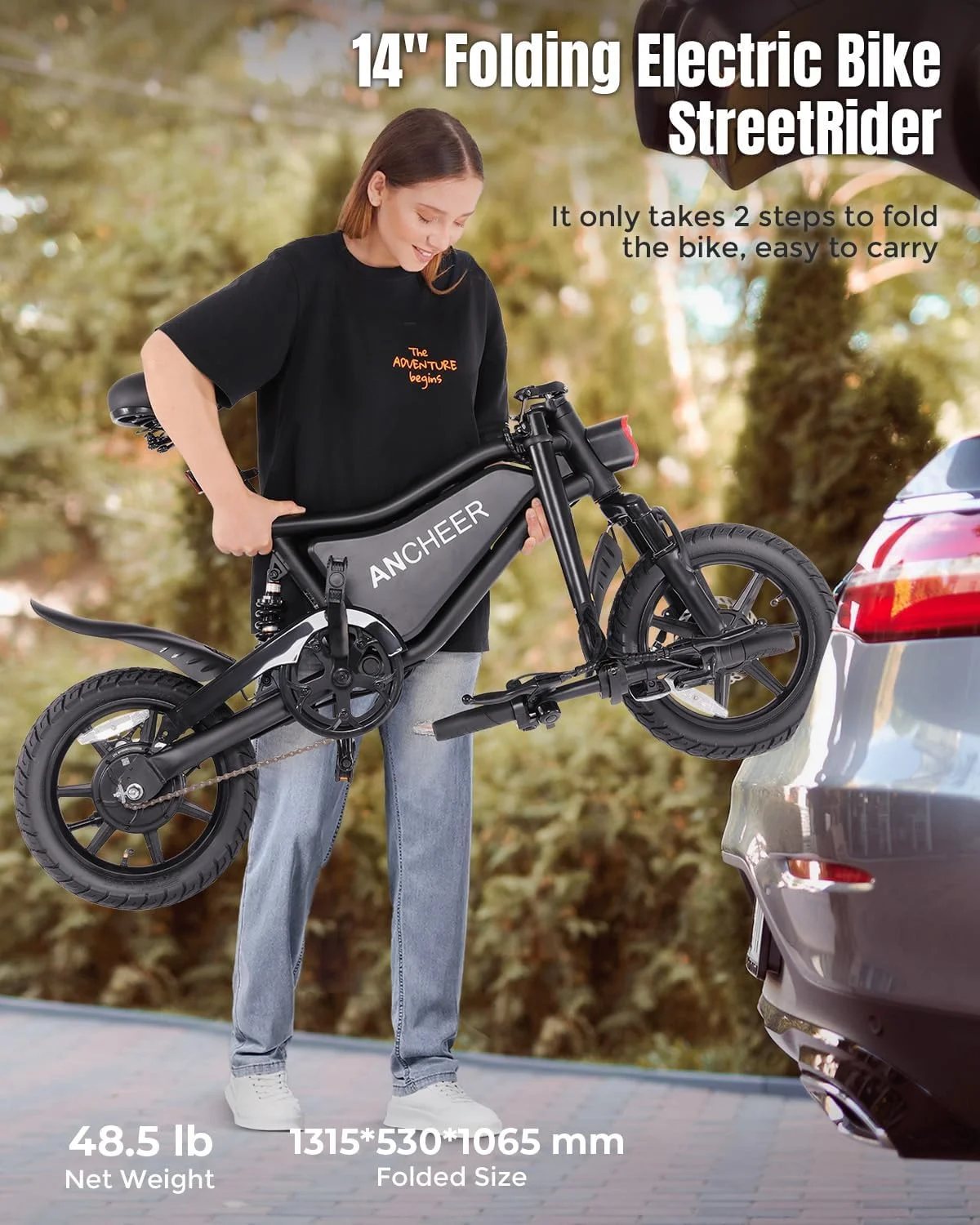 ANCHEER 14in Folding Electric Bike, 500W Peak, 48V 374Wh