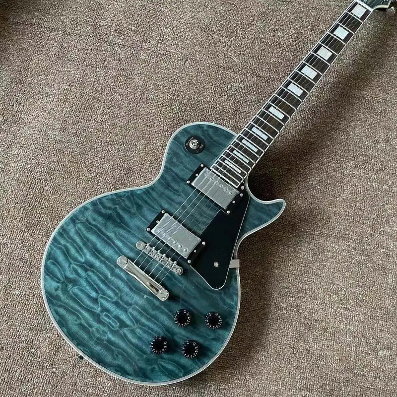 New Customized Electric Guitar Black Blue Flame Maple Top Guitar Chrome Hardware