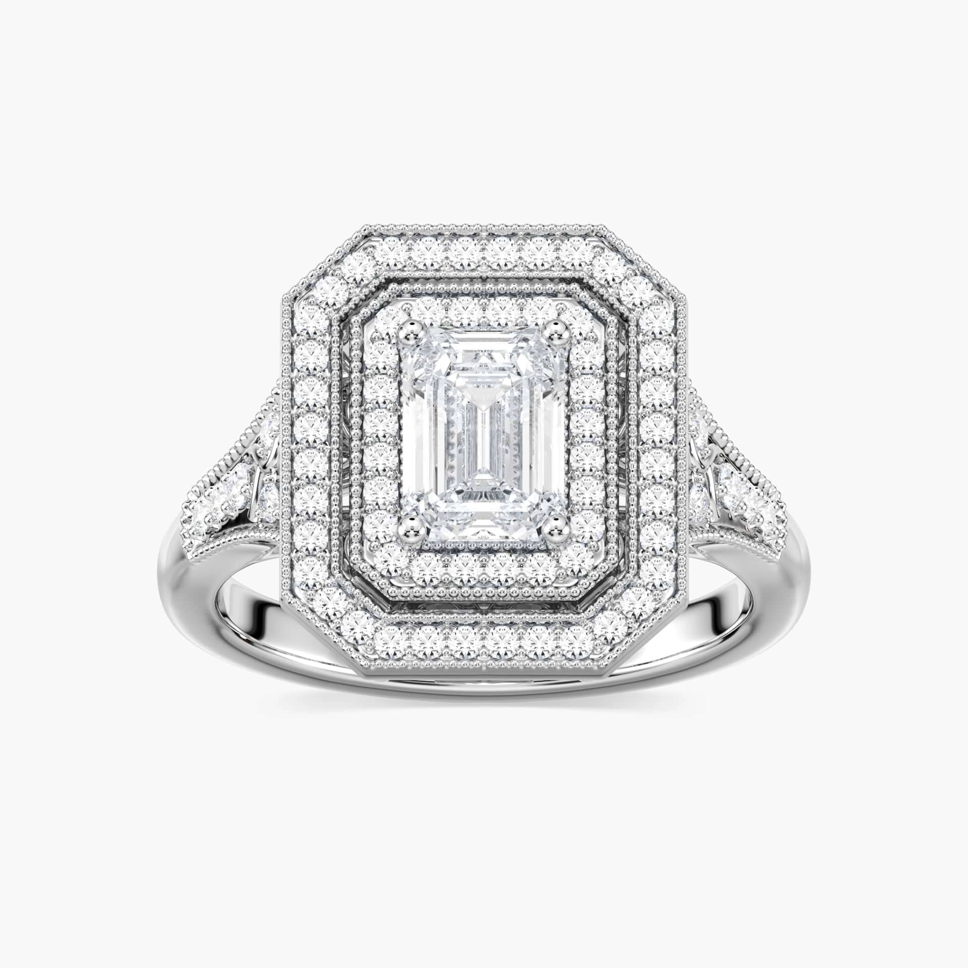 Genevieve Emerald Lab Grown Diamond Vintage Frame Double Halo Engagement Ring